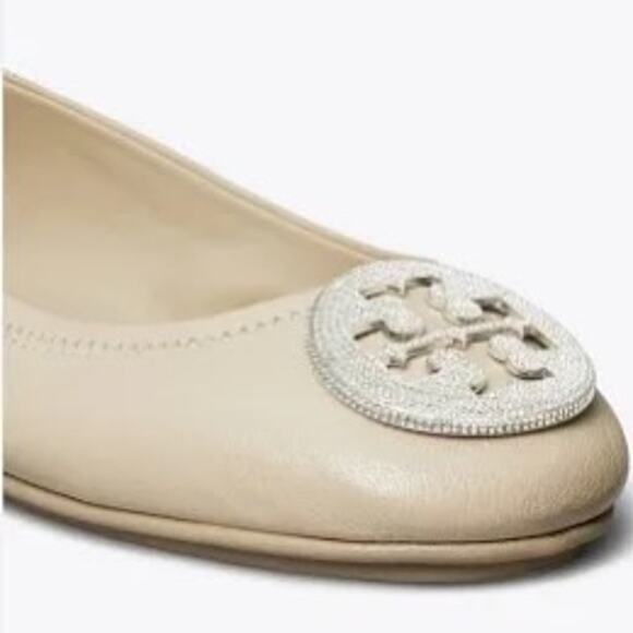 Tory Burch NIB Travel Minnie Flats with Pave Logo Sz 8 Stone - Picture 1 of 7